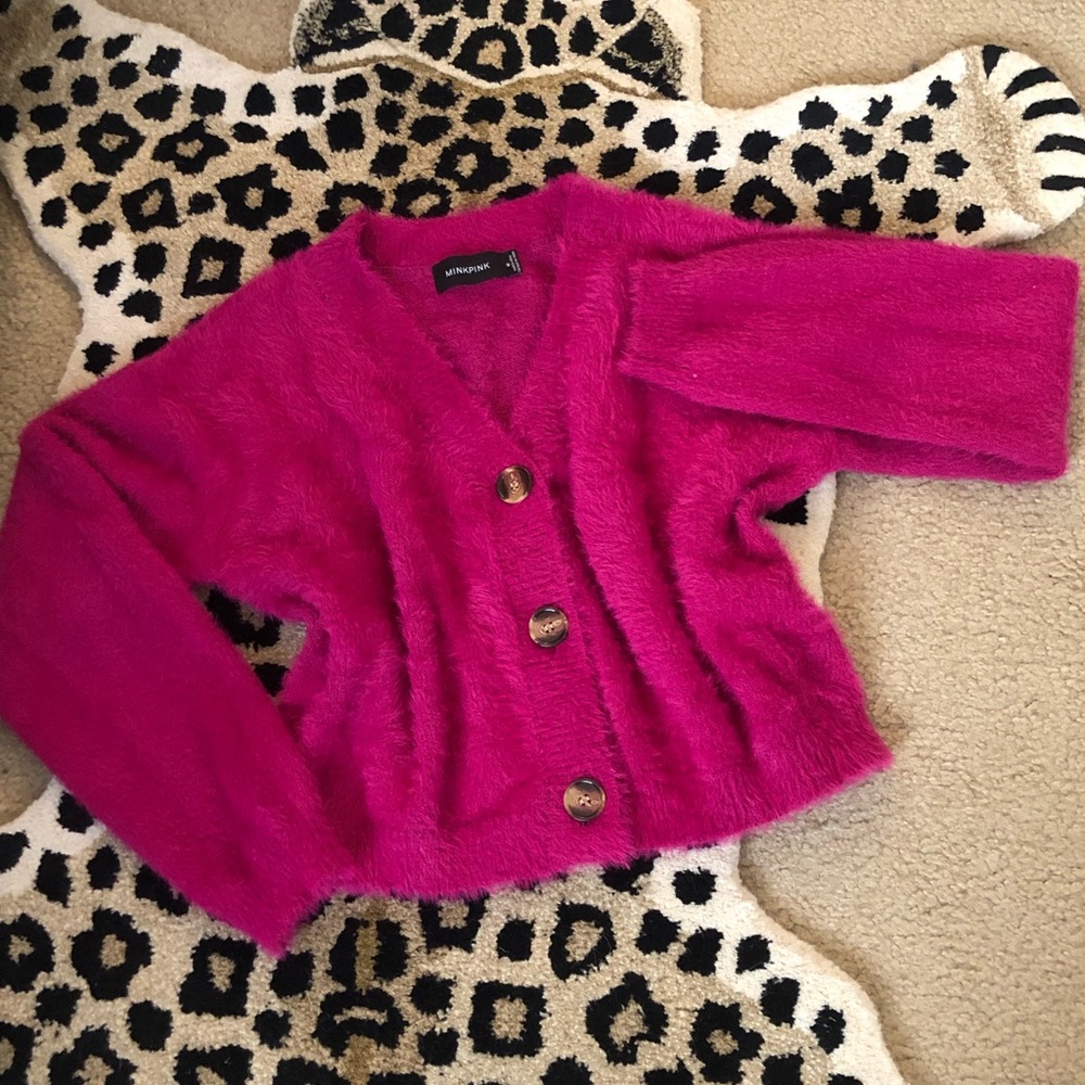 Fuzzy fluffy magenta MINKPINK v neck Barbie Bratz cardigan sweater from Revolve